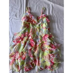 SISLEY Girls Ruffle Dress Spaghetti Straps Size 7-8 Years Floral Layers Smocked